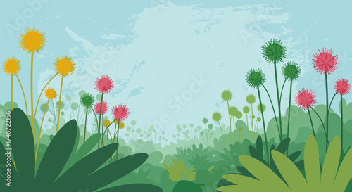 A whimsical landscape filled with colorful wildflowers and lush green foliage under a soft blue sky.