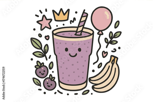 Playful Smoothie Doodle. Smoothie fun illustration doodle style: hand drawn smoothie glass with smile, crown, star, balloon,