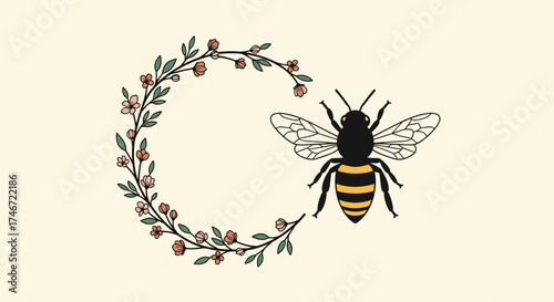 A delicate floral wreath with a hovering bee illustrates the beauty of nature and pollination.