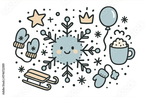 Cute Winter Illustration. Winter snow illustration doodle style: hand drawn snowflake with smile, crown, star, balloon, mittens,
