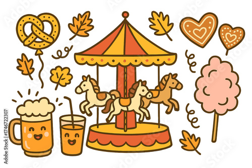 Festive Carousel Fun. Festival doodle vector with merry-go-round horses, pretzel balloon, autumn leaves, cheerful drinks,