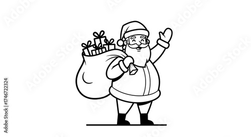 A cheerful cartoon drawing of santa claus carrying a large sack of presents and waving happily to everyone.