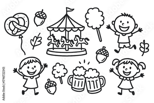 Amusement Park Fun. Amusement park doodle with happy children, pretzel balloon, carousel ride, candy floss, acorns and mugs of