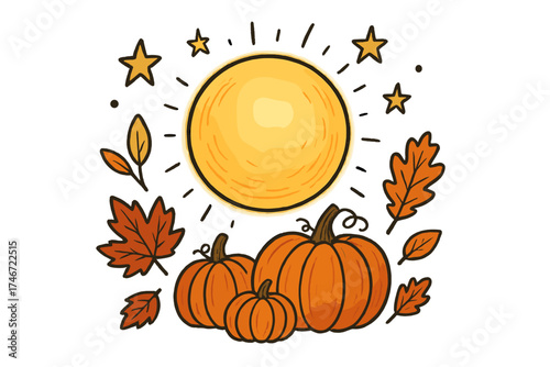 Harvest Moon Glow. Harvest moon doodle with glowing moon, stars, pumpkins and autumn leaves isolated transparent background