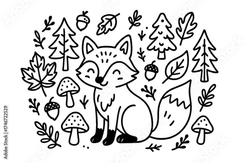 Autumn Fox Doodle. Fox doodle vector with autumn leaves, acorns, mushrooms and forest isolated transparent background