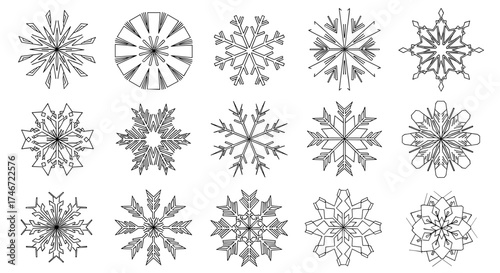 Collection of various intricate snowflake designs in a black and white artistic illustration style.