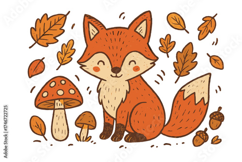 Autumn Fox Doodle. Fox in autumn doodle with fox, mushrooms, acorns and falling leaves isolated transparent background