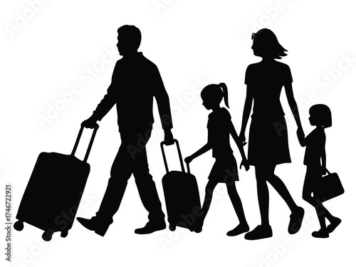 Vector art of silhouette of a family with luggage going on vacation