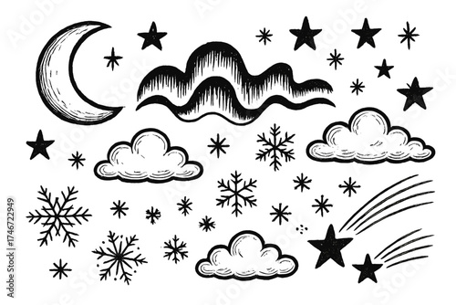Winter Sky Icons. Winter sky doodle icon set: hand drawn icons of moon, stars, northern lights, clouds, snowflakes, and comets.
