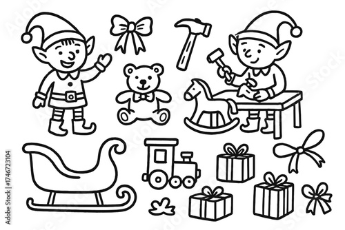 Santa Workshop Icons. Santa workshop doodle icon set: hand drawn icons of elves, toys, sleigh, hammer, gifts, and ribbons.
