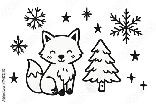 Winter Fox Icons. Winter fox doodle icon set: hand drawn icons of fox, snowflakes, pine tree, and stars. isolated transparent