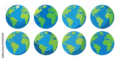 Eight oval shaped earth globes showing different continents and oceans in a grid pattern