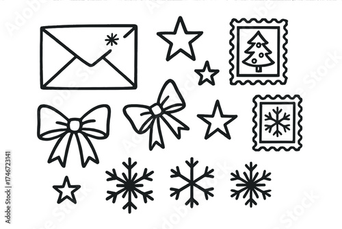 Holiday Doodle Icons. Holiday greeting doodle icon set: hand drawn icons of envelope, stamps, stars, ribbons, and snowflakes.