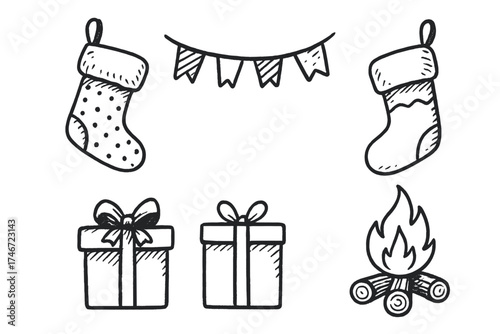 Christmas Fireplace Icons. Christmas fireplace doodle icon set: hand drawn icons of stockings, garlands, gifts, and firewood.