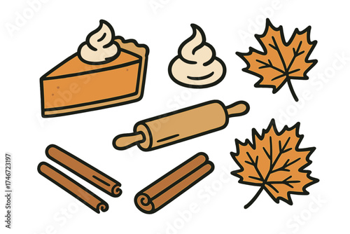 Pumpkin Pie Icon Set. Pumpkin pie doodle icon set: hand drawn icons of pie slice, whipped cream, rolling pin, cinnamon, and maple