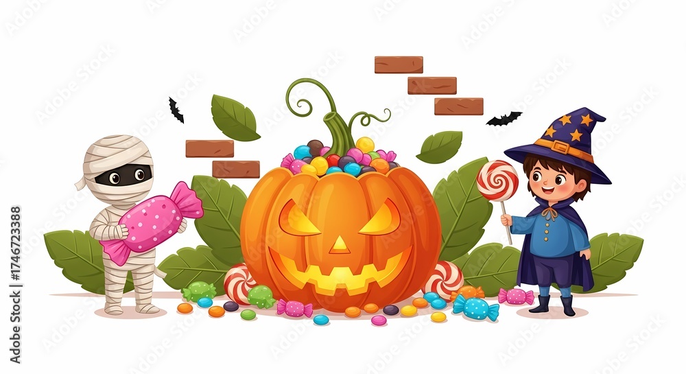 Naklejka premium Halloween Kids Trick or Treat Mummy Witch Costume Pumpkin Candy Cartoon Vector