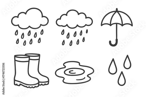 Autumn Rainy Icons. Autumn rainy weather doodle icon set: hand drawn icons of clouds, raindrops, boots, puddles, and umbrella.