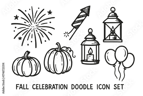 Fall Celebration Icons. Fall celebration doodle icon set: hand drawn icons of fireworks, pumpkins, lanterns, and balloons.