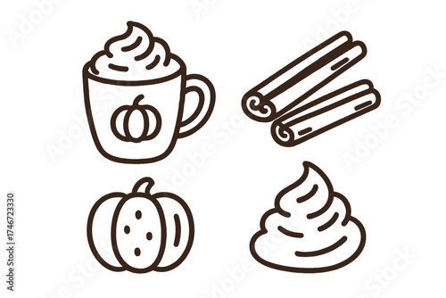 Pumpkin Spice Icons. Pumpkin spice doodle icon set: hand drawn icons of coffee, cinnamon, cookies, and whipped cream. isolated