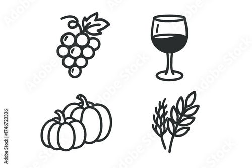 Autumn Vineyard Icons. Autumn vineyard doodle icon set: hand drawn icons of grapes, wine glass, pumpkins, and wheat. isolated