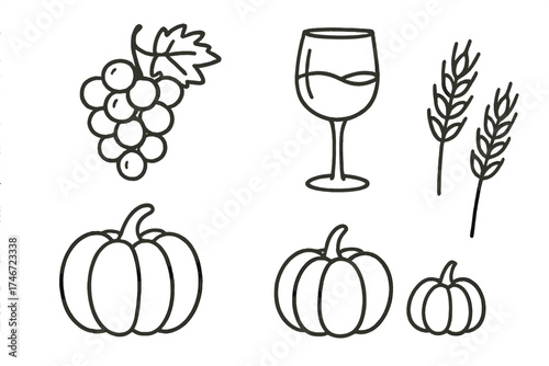 Autumn Vineyard Icons. Autumn vineyard doodle icon set: hand drawn icons of grapes, wine glass, pumpkins, and wheat. isolated