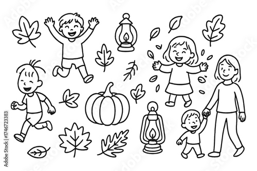 Autumn Family Icons. Fall family doodle icon set: hand drawn icons of kids playing, pumpkins, leaves, and lanterns. isolated
