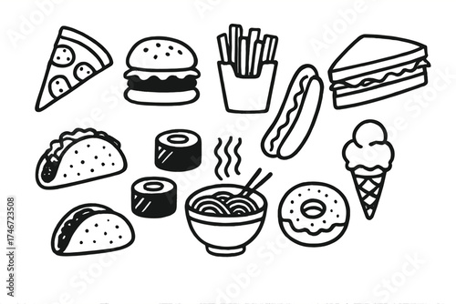 Hand-Drawn Food Icons. Food doodle icon set: hand drawn icons of pizza slice, burger, fries, hot dog, sandwich, taco, sushi roll,