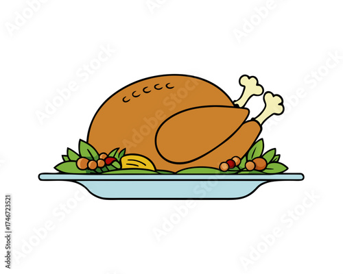 Roast turkey on a platter with herbs, traditional Thanksgiving dinner, isolated vector 