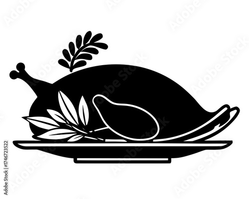 Roast turkey on a platter with herbs, traditional Thanksgiving dinner, isolated vector on white background