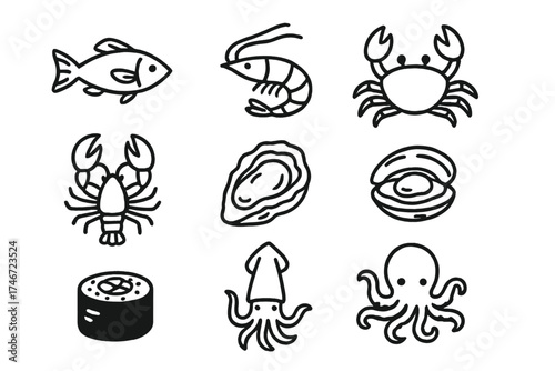 Seafood Doodle Icons. Seafood doodle icon set: hand drawn icons of fish, shrimp, crab, lobster, oyster, clam, sushi, squid,