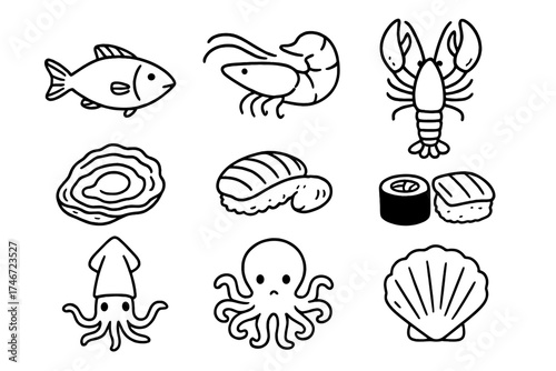 Seafood Doodle Icons. Seafood doodle icon set: hand drawn icons of fish, shrimp, crab, lobster, oyster, clam, sushi, squid,