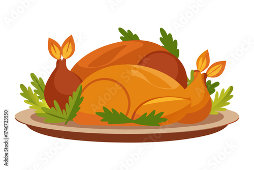 Roast turkey on a platter with herbs, traditional Thanksgiving dinner, isolated vector 
