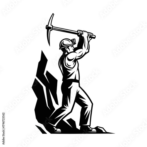 Miner with pickaxe striking rock in a powerful stance.