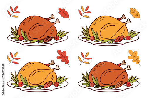 set of Roast turkey on a platter with herbs, traditional Thanksgiving dinner, isolated vector 