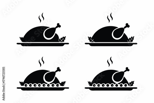 set of Roast turkey on a platter with herbs icon, traditional Thanksgiving dinner, isolated vector 