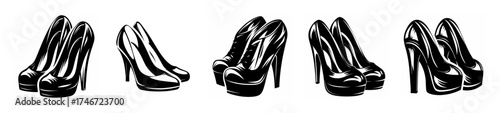 Collection of black high heel shoes displayed from multiple angles for fashion design