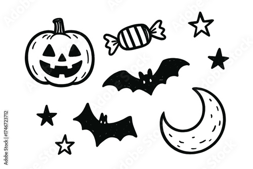 Halloween Doodle Icons. Halloween fun doodle icon set: hand drawn icons of pumpkin, candy, bats, moon, and stars. isolated