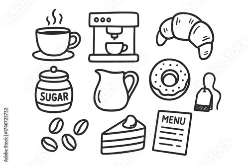 Coffee Shop Icons. Coffee shop doodle icon set: hand drawn icons of coffee cup, espresso machine, croissant, donut, sugar jar,