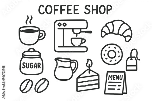 Coffee Shop Icons. Coffee shop doodle icon set: hand drawn icons of coffee cup, espresso machine, croissant, donut, sugar jar,
