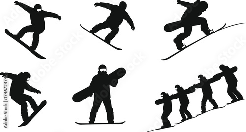 Dynamic snowboarder silhouette vector set showing extreme winter sports tricks, freestyle jumps, downhill action, adventure lifestyle, athletic poses, outdoor snowboarding illustration