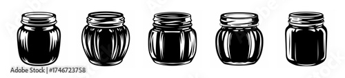 Row of five jars filled with dark honey captures the sweet essence of nature's golden nectar