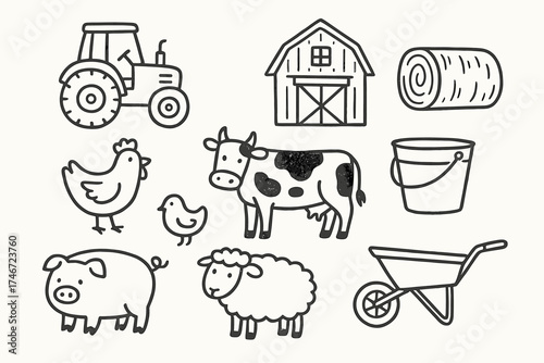 Farm Doodle Icons. Farm doodle icon set: hand drawn icons of tractor, barn, chicken, cow, pig, sheep, hay bale, bucket,