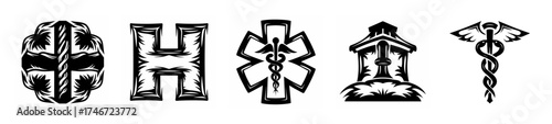 Collection of historic and modern medical symbols featuring caduceus star of life and holy cross designs