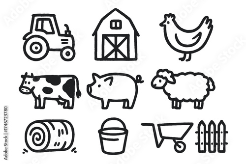 Farm Doodle Icons. Farm doodle icon set: hand drawn icons of tractor, barn, chicken, cow, pig, sheep, hay bale, bucket,