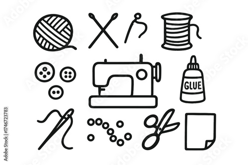 Craft Doodle Icons. Craft doodle icon set: hand drawn icons of yarn, knitting needles, thread spool, sewing machine, buttons,