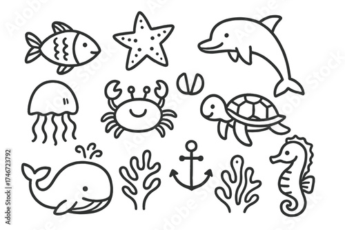 Ocean Life Icons. Ocean life doodle icon set: hand drawn icons of fish, starfish, dolphin, jellyfish, crab, turtle, whale, coral,