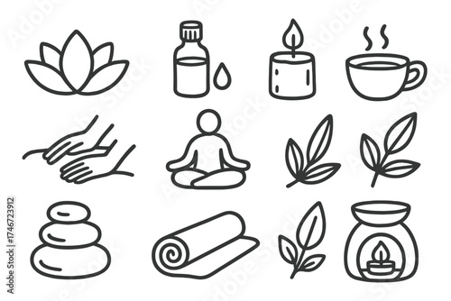 Wellness Doodle Icons. Wellness doodle icon set: hand drawn icons of lotus, essential oil, candle, meditation, tea, massage, spa
