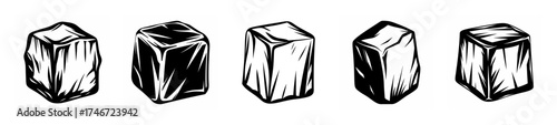 Five textured ice cubes shown in a row each with distinct rough edges and shaded details
