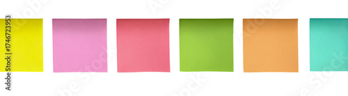 Collection of colorful sticky notes in a row isolated on transparent background