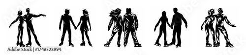 Silhouettes of ice skating couples in dynamic poses on a capturing movement and grace.